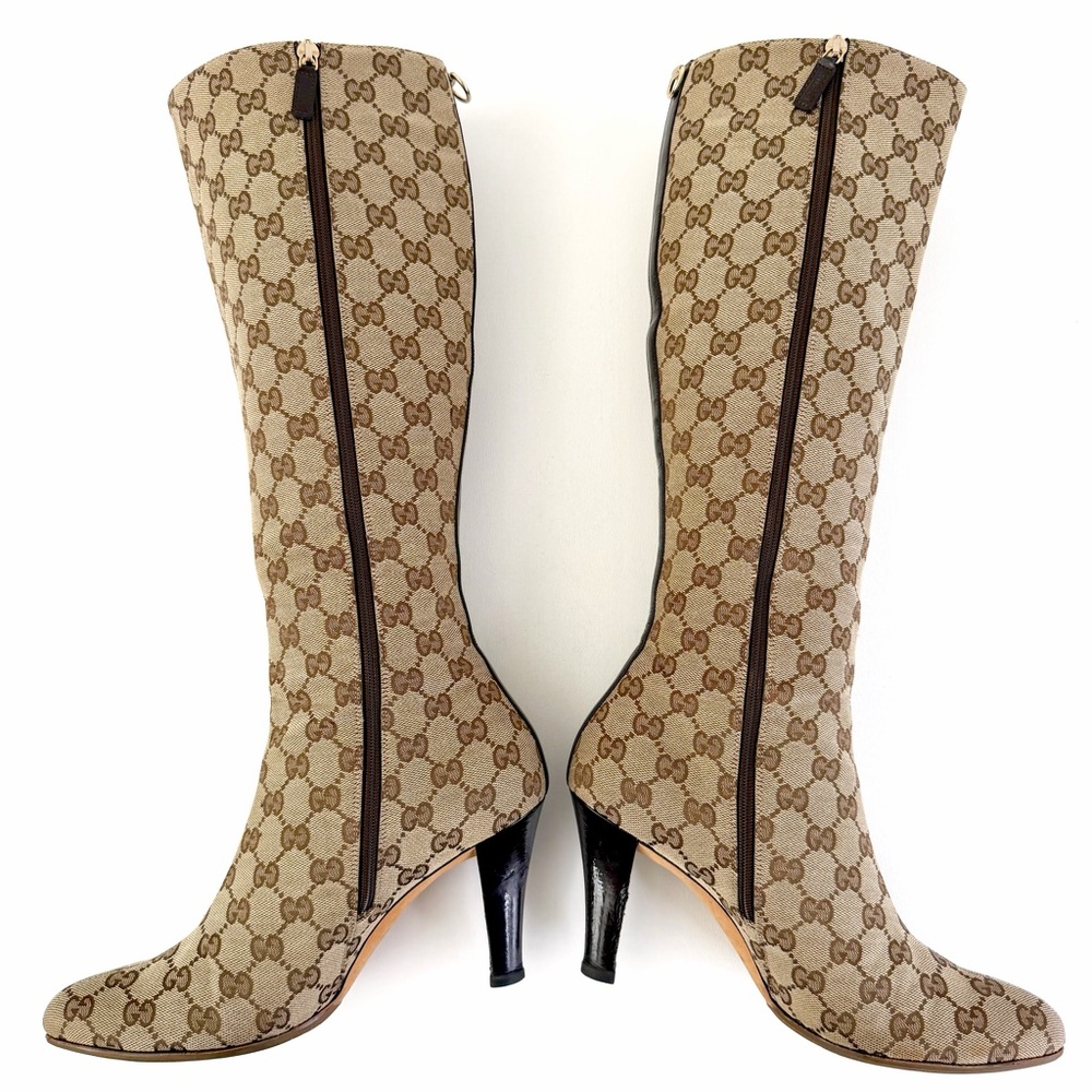 GUCCI || Vintage GG Canvas Knee High Heeled Boots Brown Monogram US 8.5 - Picture 3 of 16